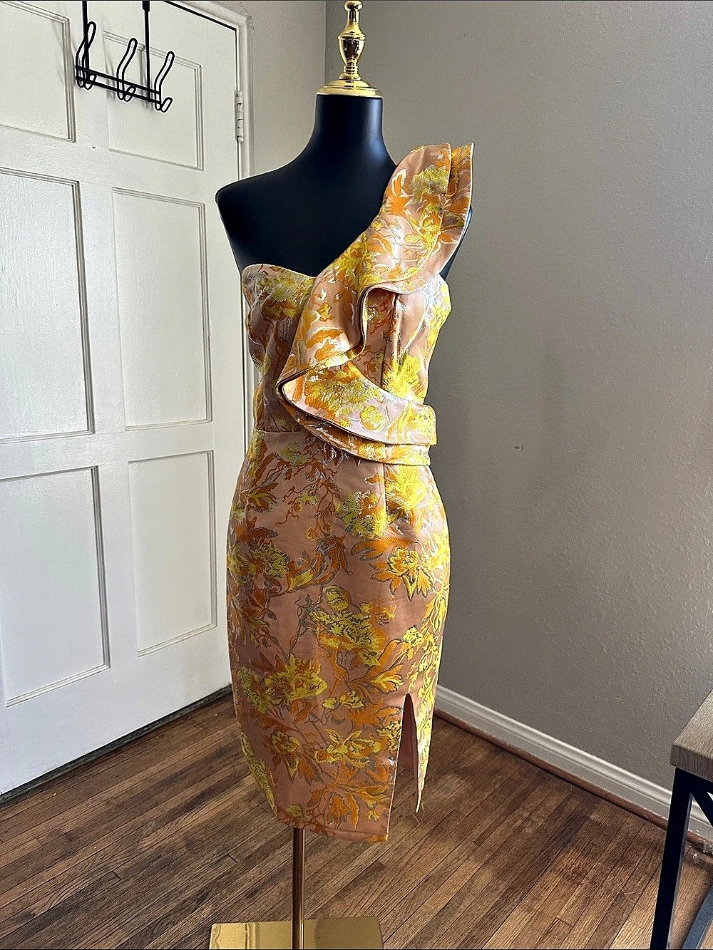 Printed Cocktail Dress Floral Midi in Pink & Orange